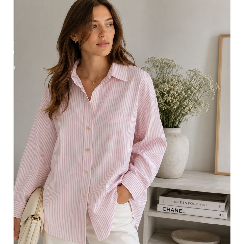 Diosun Pink White Striped Button Down Shirt Womens Large NWT Cotton Blend